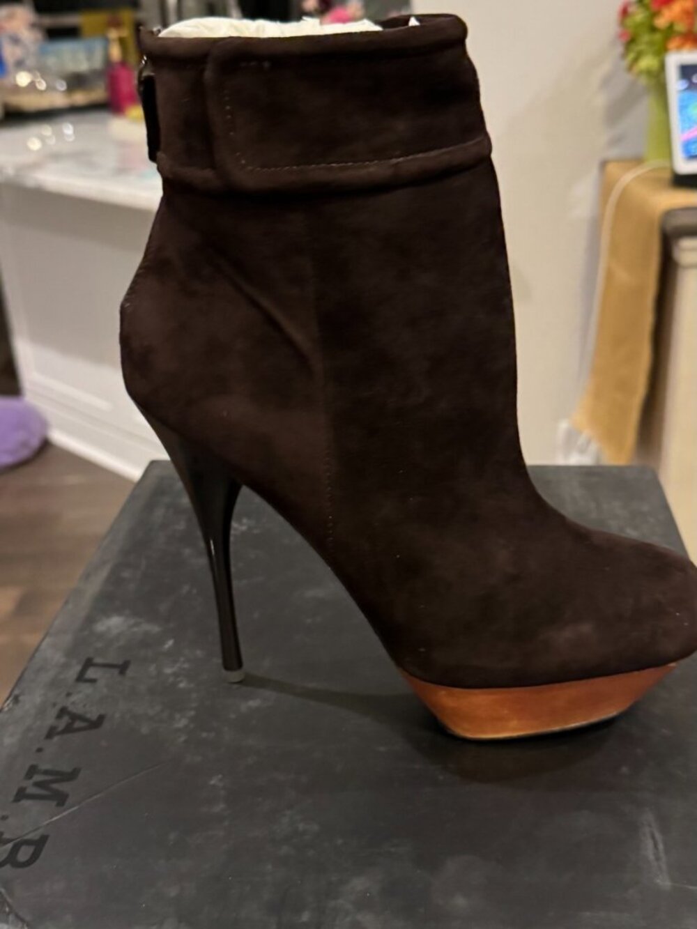 Gwen Stefani L.A.M.B. Blazon Brown Leather Ankle Bootie Stiletto